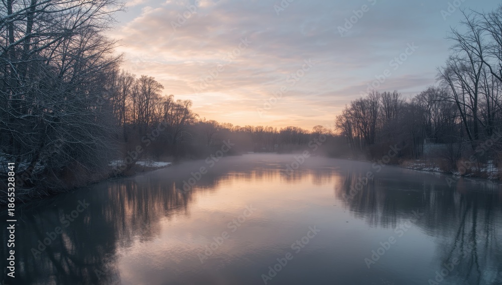 Fototapeta premium A calm river scene with overcast sky and gentle reflections, framed by trees, ideal for environmental conservation focus