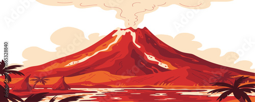 Colorful digital illustration of erupting volcano at night with glowing lava, tropical palm trees, dramatic sky, fantasy landscape scene