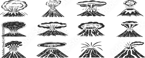 Repeating volcano logo design with erupting lava and bold typography, clean vector style, suitable for branding, labels, and warning concepts.