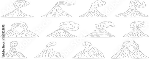 Repeating volcano logo design with erupting lava and bold typography, clean vector style, suitable for branding, labels, and warning concepts.