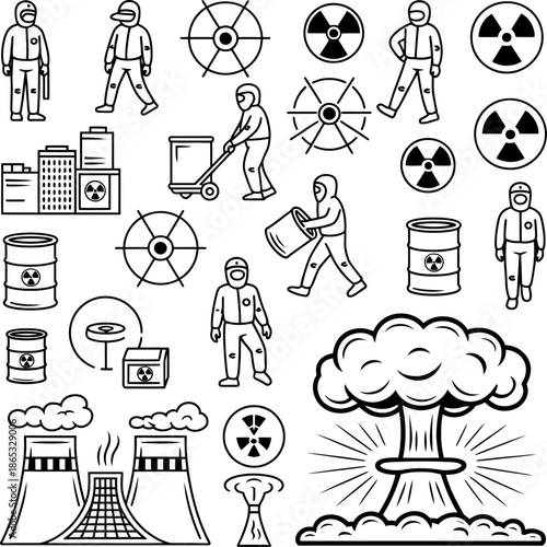 Black and white vector illustration set showing nuclear radiation workers, hazardous waste barrels, warning symbols, power plant, and atomic explosion.