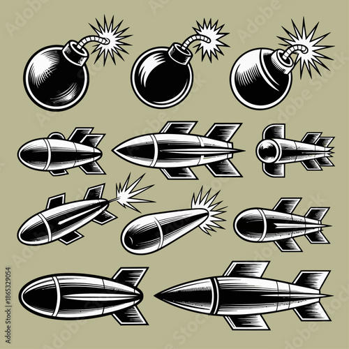 Set of stylized cartoon bomb and missile icons in flat monochrome vector style, representing weapons, explosives, and military symbols.