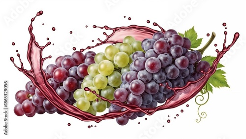Grapes splashing in red wine on white background. Juicy grapes diving into red wine, creating splashes on a bright white background for a fun and colorful effect  