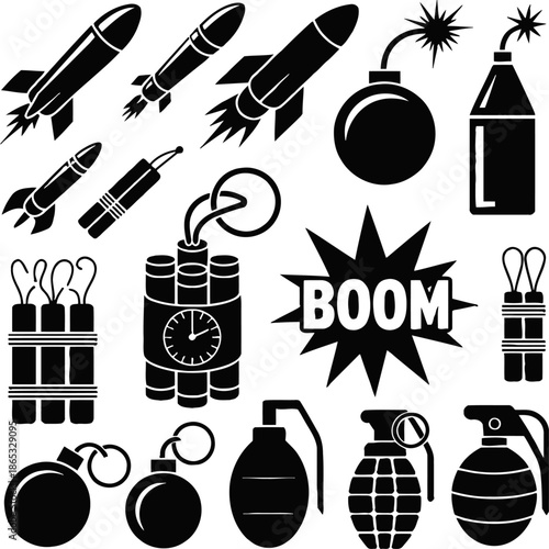 Black silhouette icon set of bombs, grenades, rockets, and explosive devices, illustrating warfare, danger, and military conflict concepts in a bold flat graphic style.