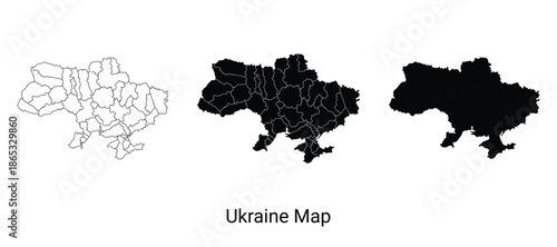Set of three ukraine maps outline, dots, and solid silhouette