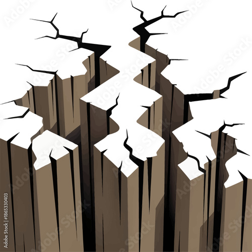 Abstract 3D illustration of deep cracked ground forming a dramatic chasm, symbolizing earthquake damage, environmental crisis, instability, and geological rupture viewed from an elevated perspective.