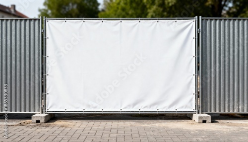 Blank white banner stretched across a temporary construction fence. Ideal for custom advertising and branding at outdoor events or sites.