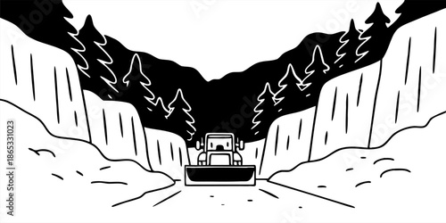 Snowplow clearing snow on mountain pass with icy cliffs