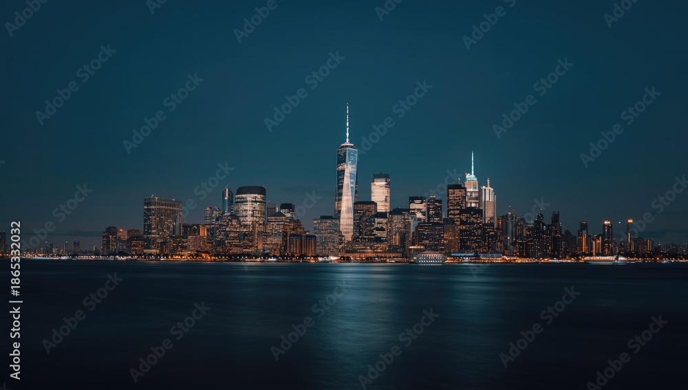Fototapeta premium City skyline at night featuring brightly lit buildings, ideal for use as an editorial background or layout