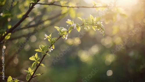 Sunrise illumination on vibrant fresh foliage, highlighting seasonal change and plant development, Earth Day