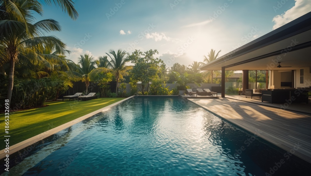 Fototapeta premium Secluded luxury pool villa surrounded by tranquil scenery, designed for peaceful retreats
