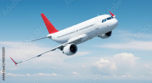 A white passenger jet with red wingtips soars through a blue sky