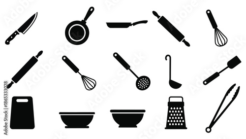 A collection of black silhouette kitchen tools and utensils on a white background