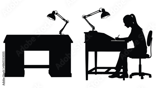 Silhouette of a person studying at a desk with two lamps