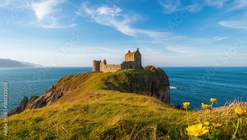 Coastal landscape featuring Dunnottar Castle on a rocky promontory, highlighting erosion preservation
