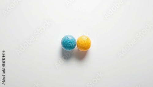 Two whole sugared nut candies in vibrant blue and yellow, designed for festive treats and colorful displays