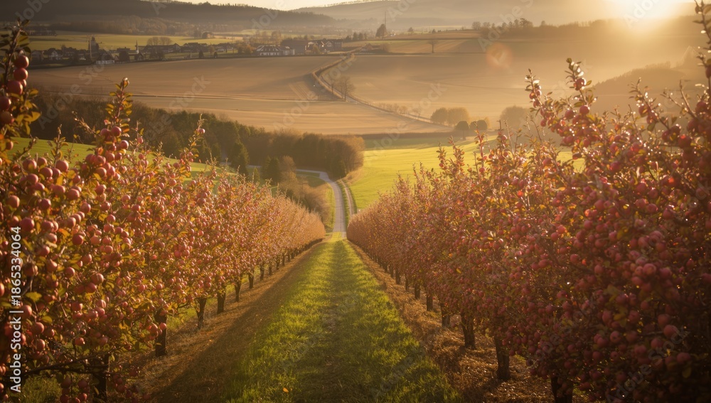 Fototapeta premium Street lined with apple trees in Puch bei Weiz, Austria, highlighting agricultural landscape