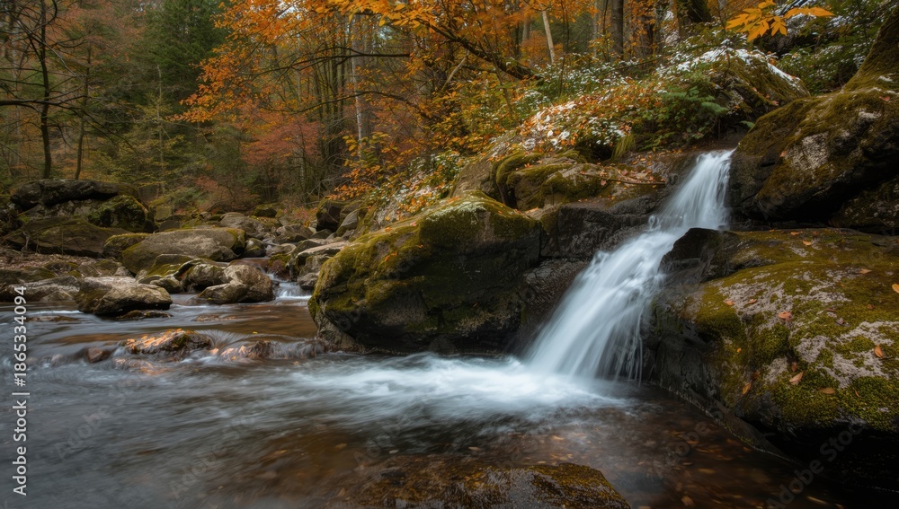 Fototapeta premium Forest brook flowing over mossy rocks with waterfall during fall, highlighting natural erosion processes
