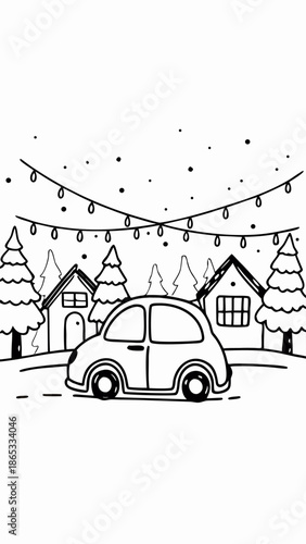 Cozy Winter Village Scene with Twinkling Lights and Small Car