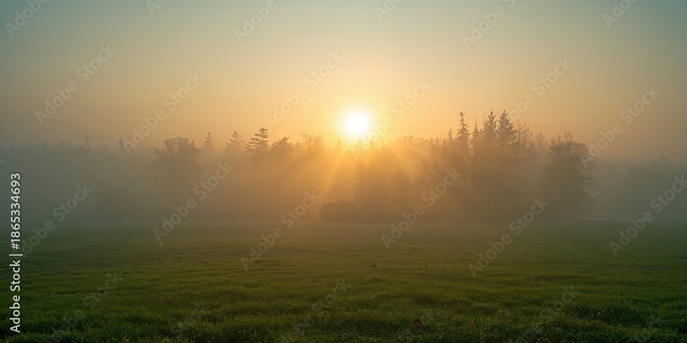 Obraz premium Sunrise piercing through morning fog over dense woodland, highlighting seasonal transition and ecological awareness