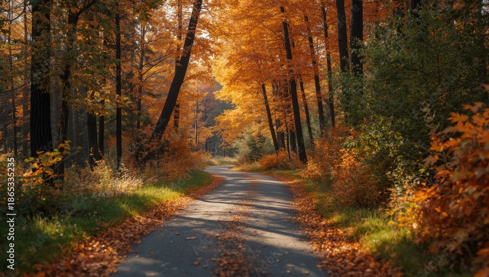 Fototapeta premium Autumn forest path in Finland, showcasing seasonal foliage and landscape stability