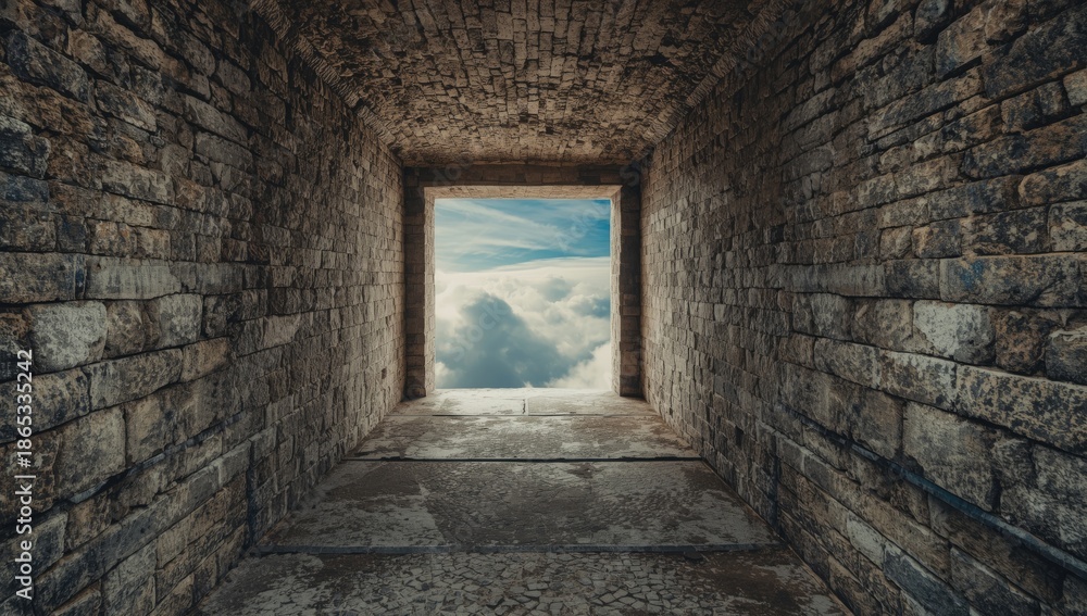 Obraz premium Square-shaped opening in a fortress wall reveals a cloudy sky, architecture for structural inspection, Earth Day