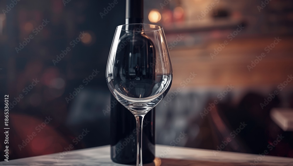Fototapeta premium Wine bottle and empty glass arranged on a surface, suitable for UI backdrop or editorial header