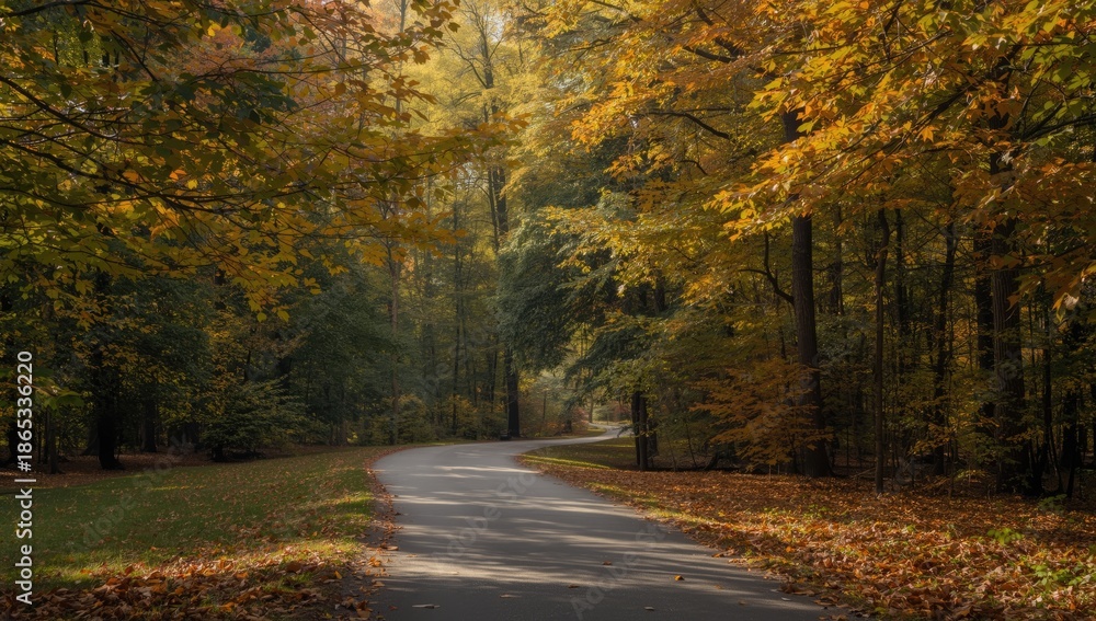 Fototapeta premium Vibrant fall foliage and a walking trail in a serene forest setting for nature photography