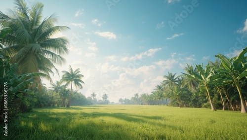 Wallpaper Mural Tropical landscape featuring a green field with tall palm trees and banana trees, suitable for environmental planning Torontodigital.ca