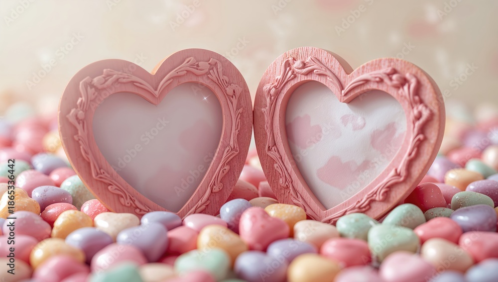 Fototapeta premium Pair of heart-shaped, wooden photo frames in bright colors surrounded by glossy candies, suitable for romantic gift displays