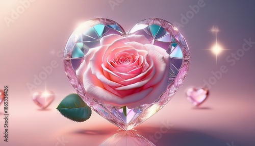 beautiful pink rose enclosed in a sparkling crystal heart against a soft pastel background