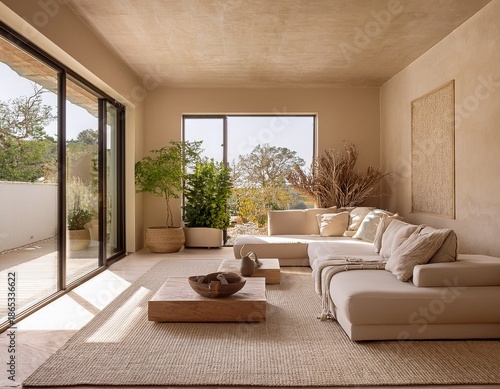 interior design mediterranean villa wabi sabi style a serene living room with minimal decor soft beige plaster walls and travertine stone flooring large minimalist sliding glass doors open onto