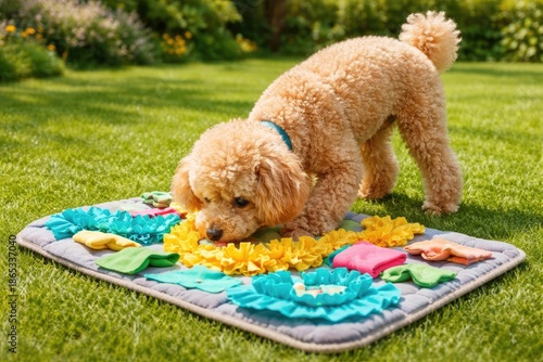 Cheerful miniature poodle happily sniffing treats on a soft snuffle mat laid on a bright green grass lawn summer full length