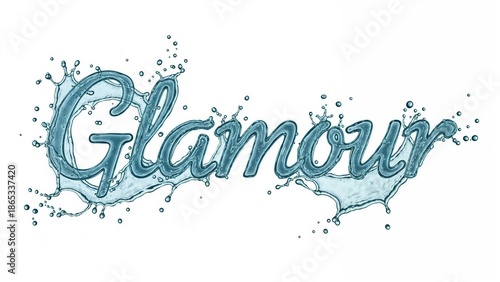 Water splash with text 'Glamour' in light blue color. Splash of water with 'Glamour' written in light blue, evoking a sense of freshness and style