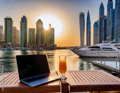a photorealistic image of a modern outdoor cafe terrace in dubai marina overlooking yachts and water at sunrise a sleek table has a laptop notebook and a glass of fresh juice surrounding are clea