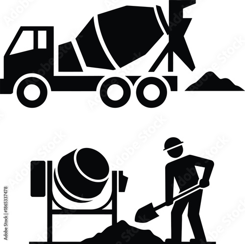 Construction site equipment and worker silhouette icon set for concrete mixing tasks