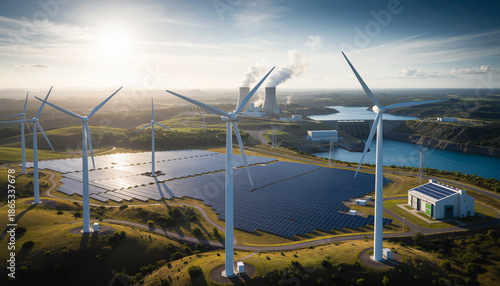 aerial view of a mixed energy sources. Modern wind turbines and solar panels with a nuclear power plant and hydroelectric dam, global energy transition and sustainability.