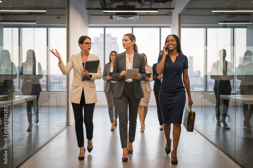 Fototapeta premium Diverse Group of Confident Professional Businesswomen Walking Through Modern Office Hallway Discussing Strategy