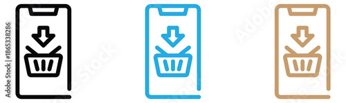 Mobile shopping icons in black, blue, and brown colors for web design