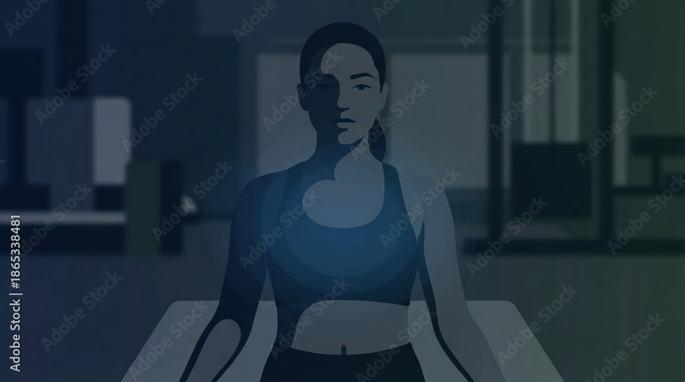 Fototapeta premium Woman in athletic wear practicing yoga meditation with serene expression and blurred urban background