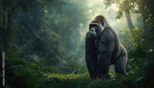 Adult black gorilla on green ground, highlighting natural habitat and muscular build © NeuralNiche