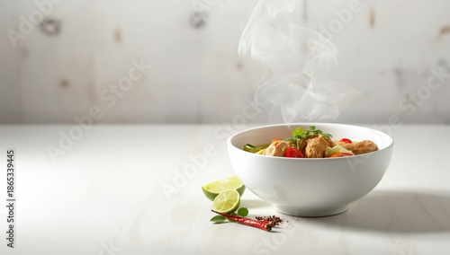 Chicken legs soup in a white bowl, focusing on Asian culinary styles, ideal for food layout and menu design