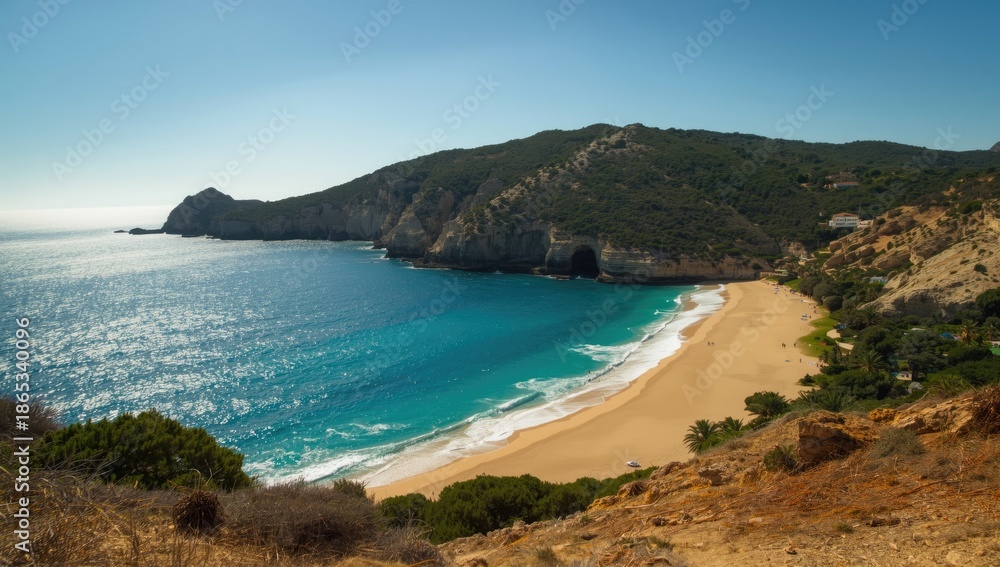Fototapeta premium Binigaus Beach in southern Menorca, featuring natural shoreline and aquatic environment, highlighting erosion concerns