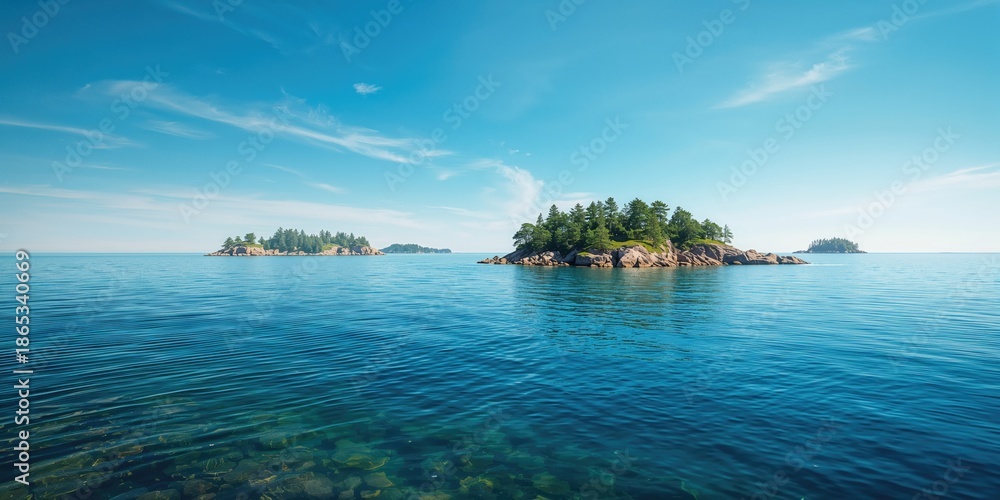 Fototapeta premium Rocky islands with scattered trees in a blue sea during summer in the Stockholm Archipelago, emphasizing natural landscape