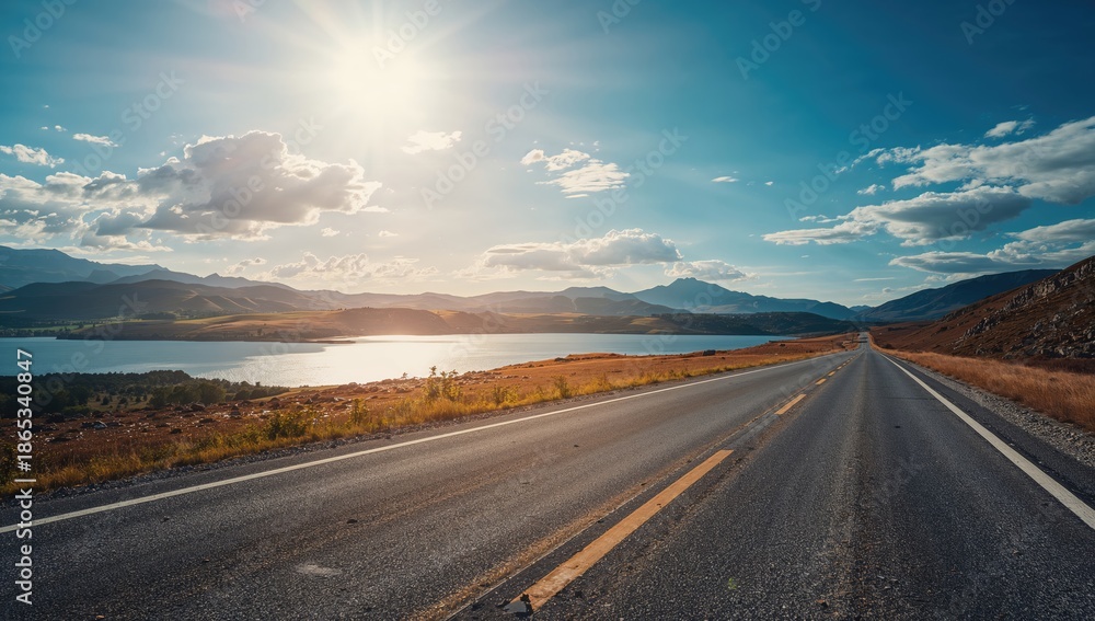 Obraz premium Mountain-lined coastal highway during summer, emphasizing travel efficiency in a scenic environment