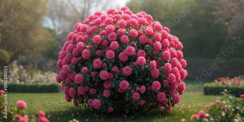 Pink ball-shaped inflorescences on a climbing rose, showcasing spring garden blooms, garden care focus