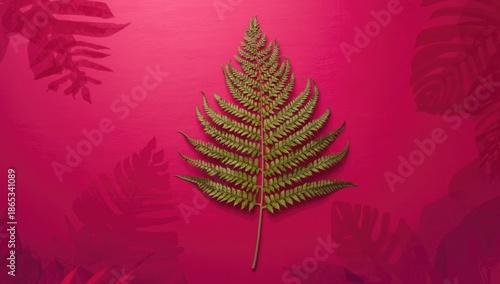 Bright magenta background featuring tropical fern leaves for use in editorial layouts, Earth Day