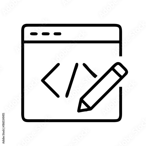 Icon depicting computer code within a browser window, with an adjacent pencil
