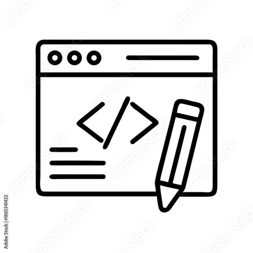 Simple monochrome icon representation of web development with code editor and pencil