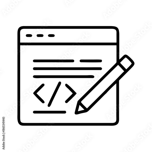 Outline icon depicting coding and development with a pencil for editing